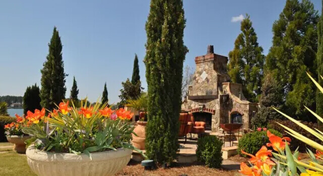 patio area with fireplace