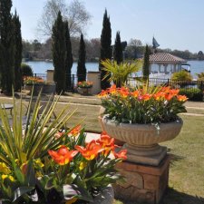 Backyard landscape with fresh sod, mulch, shrubs, and brick retaining wall