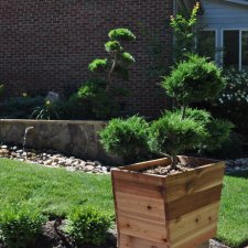 Residential backyard with wooden planter bonsai and stone water feature