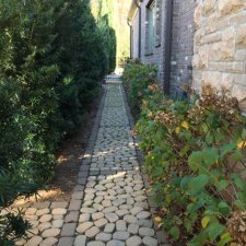 Narrow garden pathway with cobblestone pavers bordered by lush hedges and shrubs