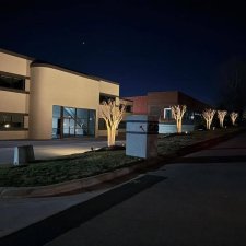 Up-lit trees lining the entrance of a modern commercial property