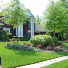 Residential front yard with manicured lawn shrubs and trees
