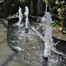 Water fountain jets flowing into curved stone basin in garden setting