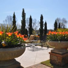 Large formal planters with colorful flowers in a lakeside landscape setting