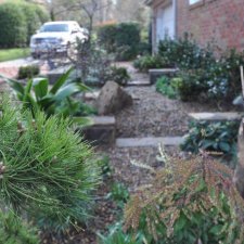 Rock garden landscaping along home entrance with stepping stones and shrubs