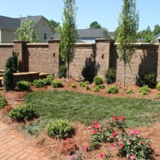 Residential backyard landscape with new mulch, shrubs, and young trees