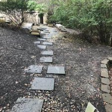 Stone stepping-stone pathway through wooded backyard before renovation